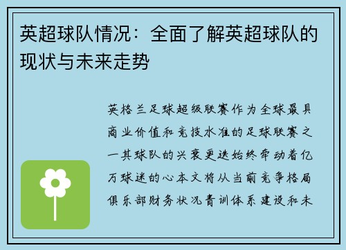 英超球队情况：全面了解英超球队的现状与未来走势