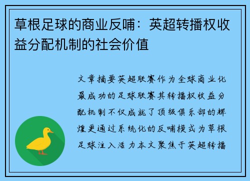 草根足球的商业反哺:英超转播权收益分配机制的社会价值