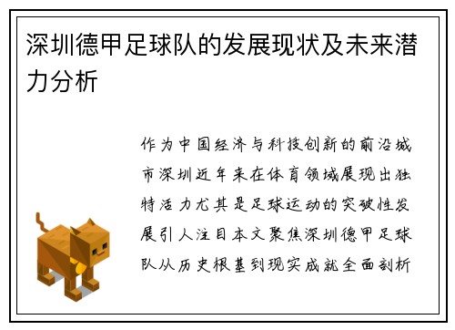 深圳德甲足球队的发展现状及未来潜力分析