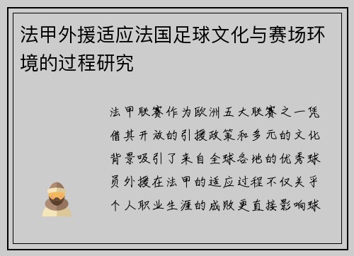 法甲外援适应法国足球文化与赛场环境的过程研究
