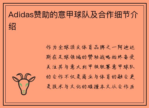 Adidas赞助的意甲球队及合作细节介绍